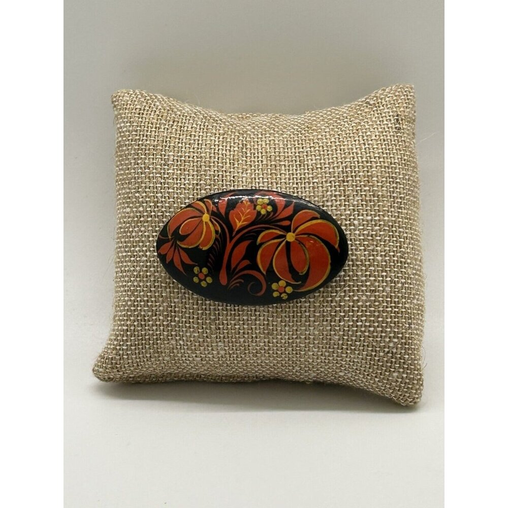 Hand-Painted Vintage Oval Floral Brooch Red Yellow Flower Design Black Lacquered - Picture 4 of 11